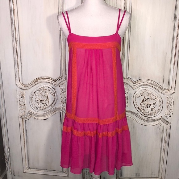 Rachel Rachel Roy Fuchsia With Orange Lace Accent Trim Spaghetti Strap Dress - Picture 1 of 11